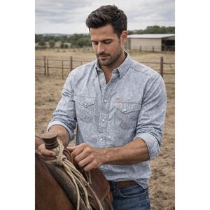 Rafter C Cowboy Pearl Snap Shirt Mens Large Blue Paisley Print Western Roper